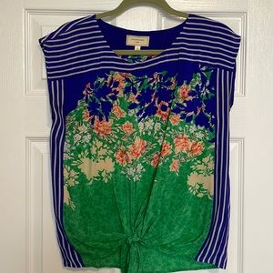 Tie-front, floral print, silk shirt